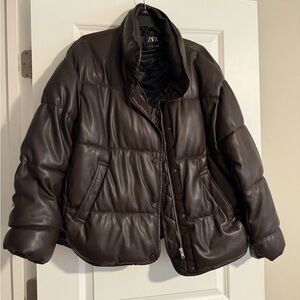 ZARA BROWN LEATHER PUFFER JACKET SIZE S